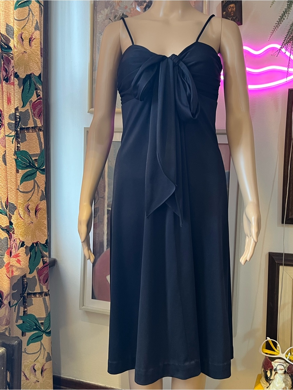 Vintage Black Front Tie Midi Dress w or wo Spaghetti Straps